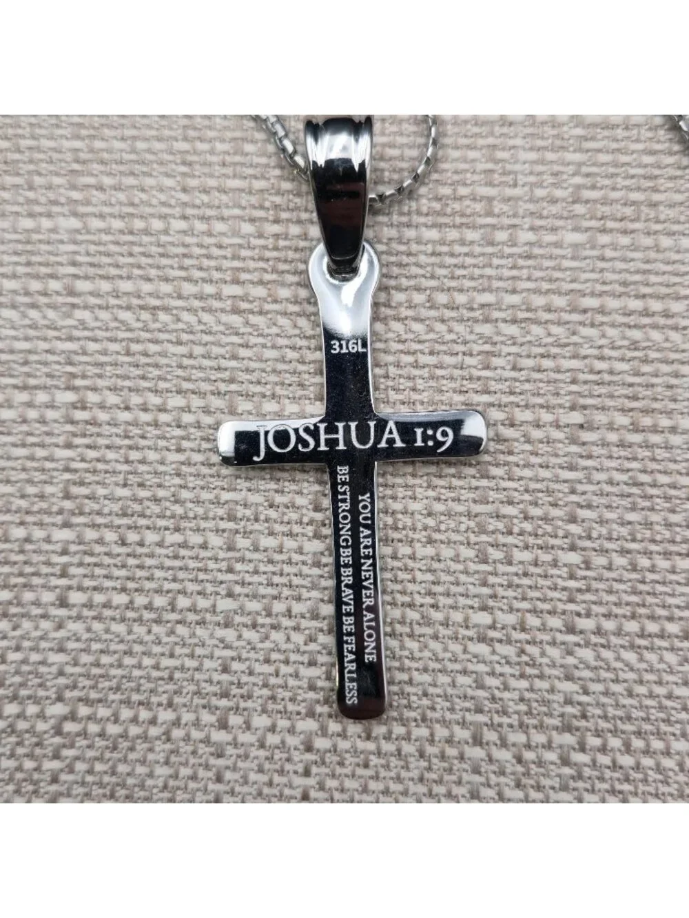 22 Inch Stainless Steel Cross Pendant Necklace Joshua 1:9 Bible Verse B1546